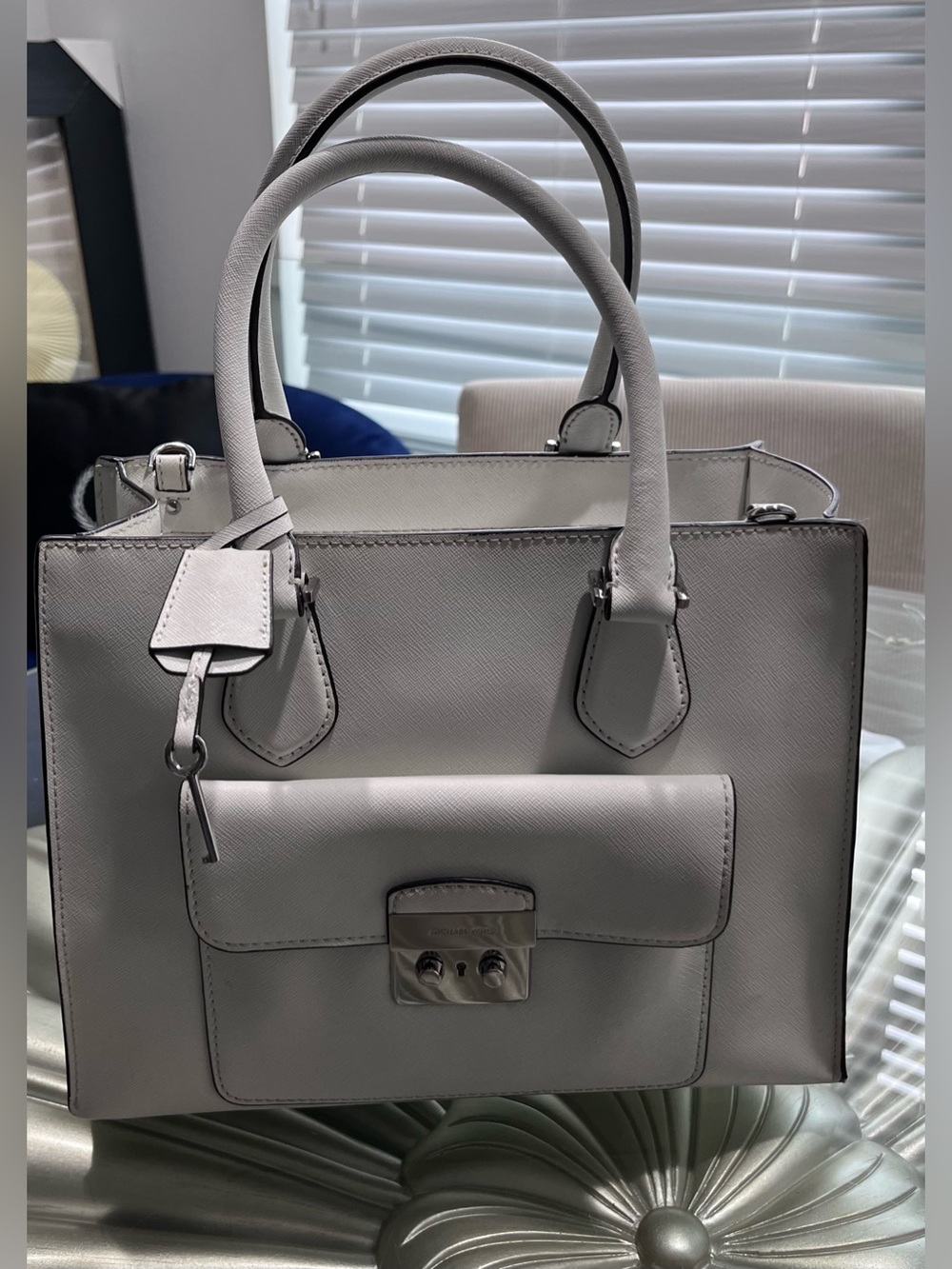 Michael Kors Light sandy white Saffiano Leather Satchel with Front Pocket